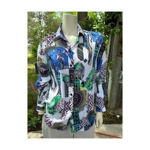 Vtg | 90s La Moda Novelty Print Button Up Shirt Rayon Geometric First Nations
